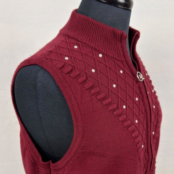 Emotions Womens M Burgundy Zip Front Sweater Vest Embellished Pearls Pockets - Picture 5 of 9